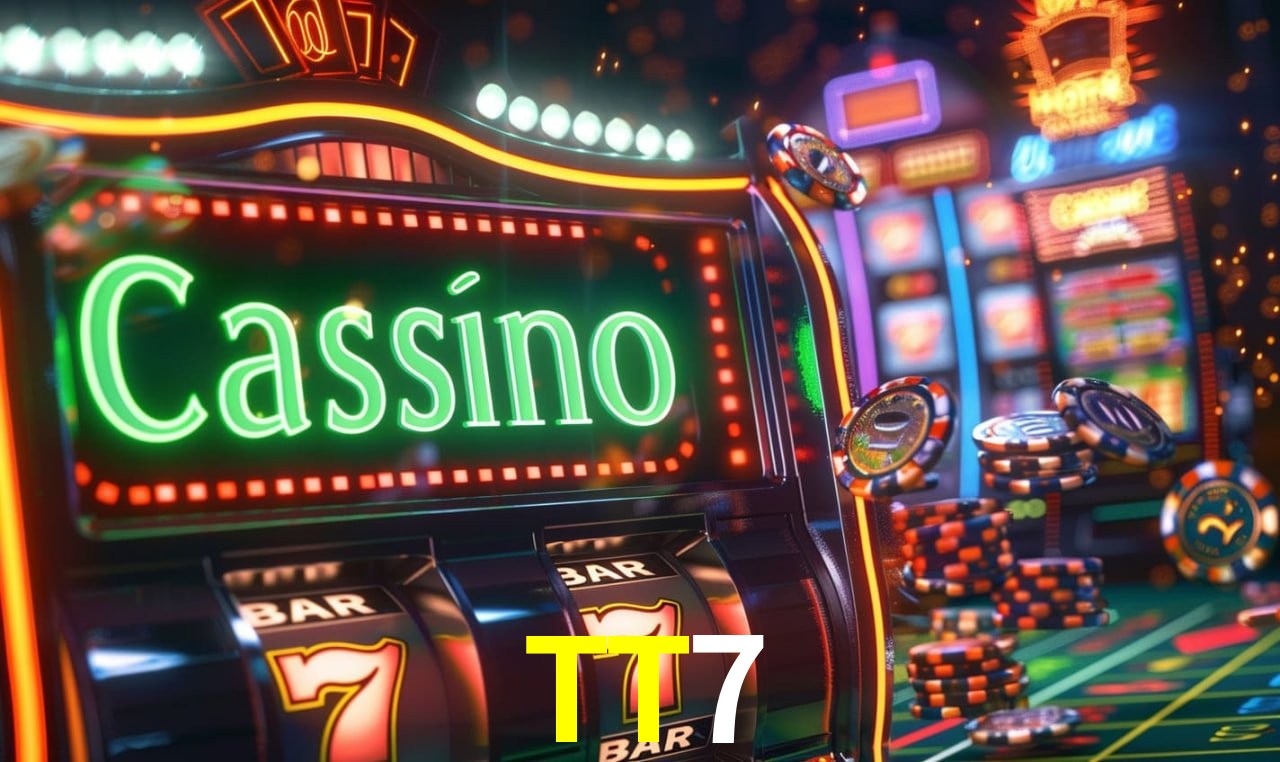 Escena dinámica inspirada en casino con iluminación TT7, cartas, fichas e íconos de juegos digitales en un espacio moderno de juegos.
