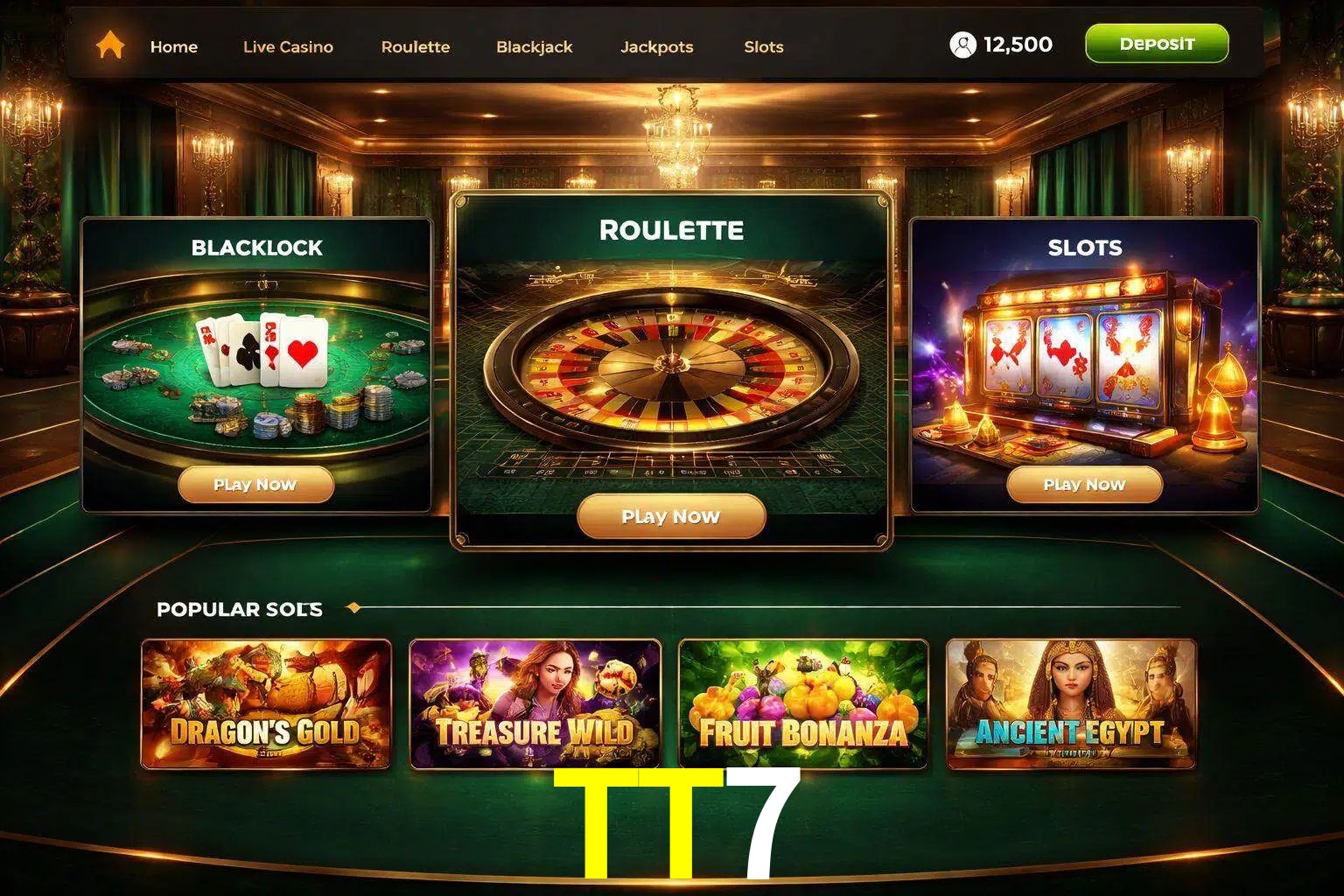 Vista de la plataforma TT7 Casino mostrando categorías organizadas de juegos en línea