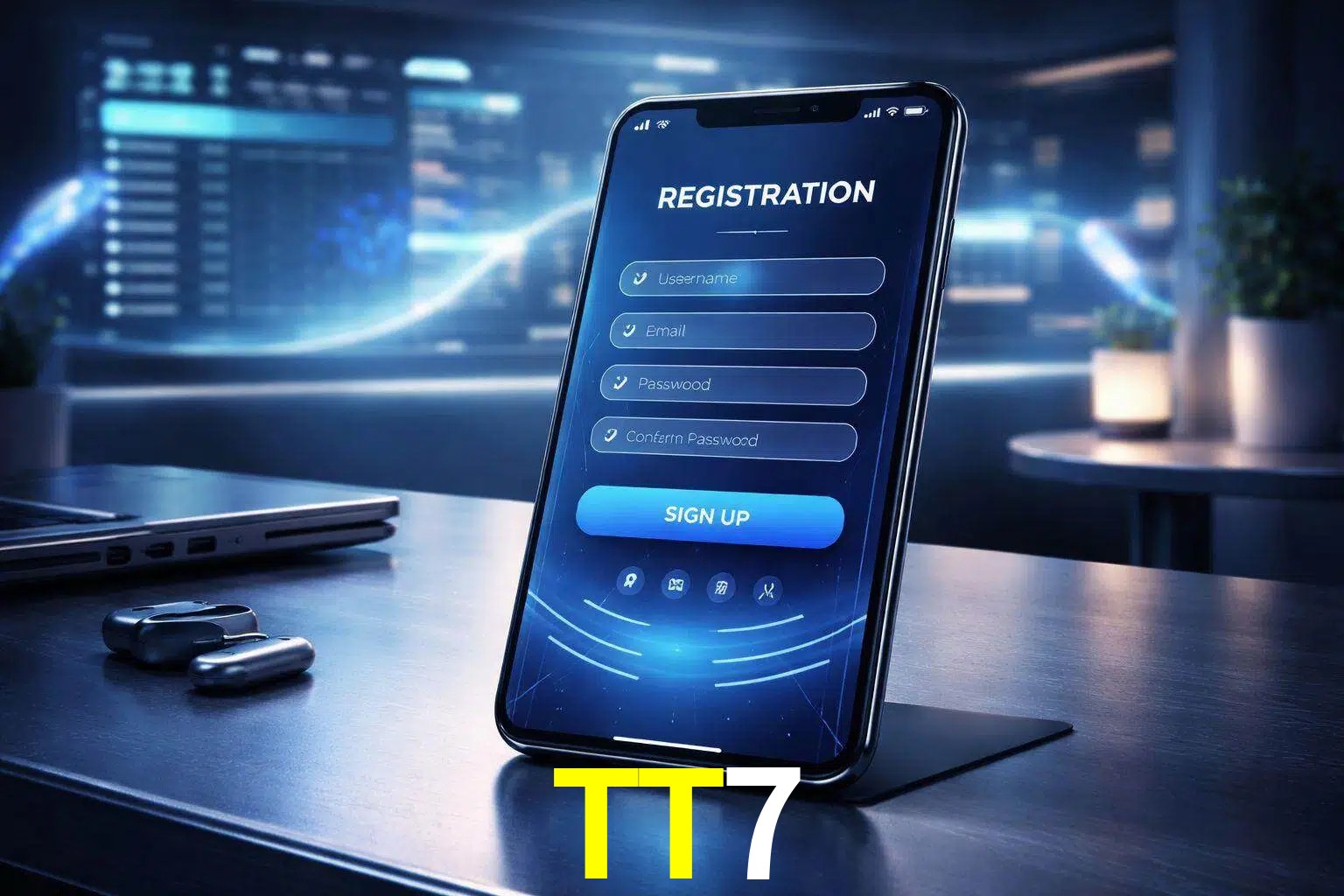 Una interfaz moderna de registro móvil para TT7 mostrada en un smartphone con un panel de apuestas elegante.